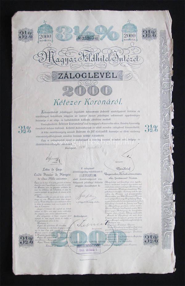 Magyar Fldhitel Intzet 3,5% zloglevl 2000 korona 1904